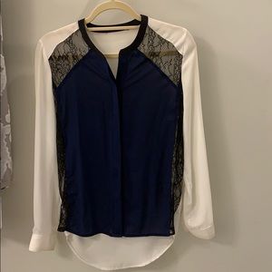 Blue, White and Black Blouse Top with Lace Detail